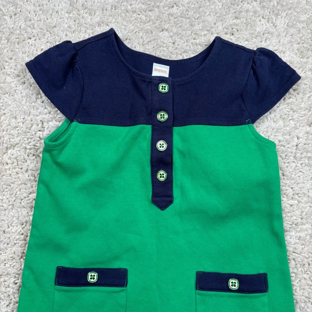 Gymboree Girls Navy Blue Green Color Block Button‎ Pocket Dress Size 7